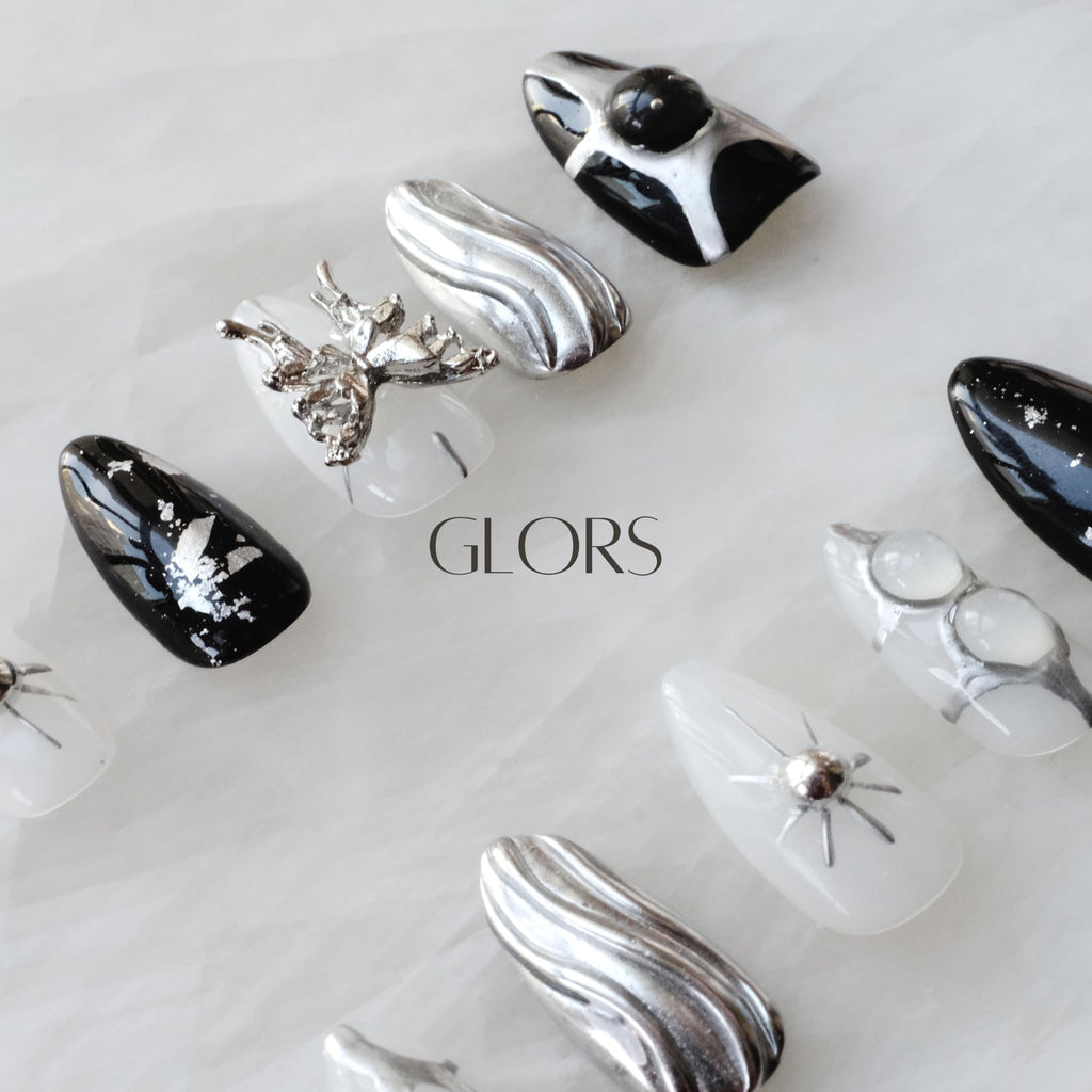 GLORS Gothic Long Almond Press-On Nails – Black & Silver with Butterfly Accent (10 Pieces)