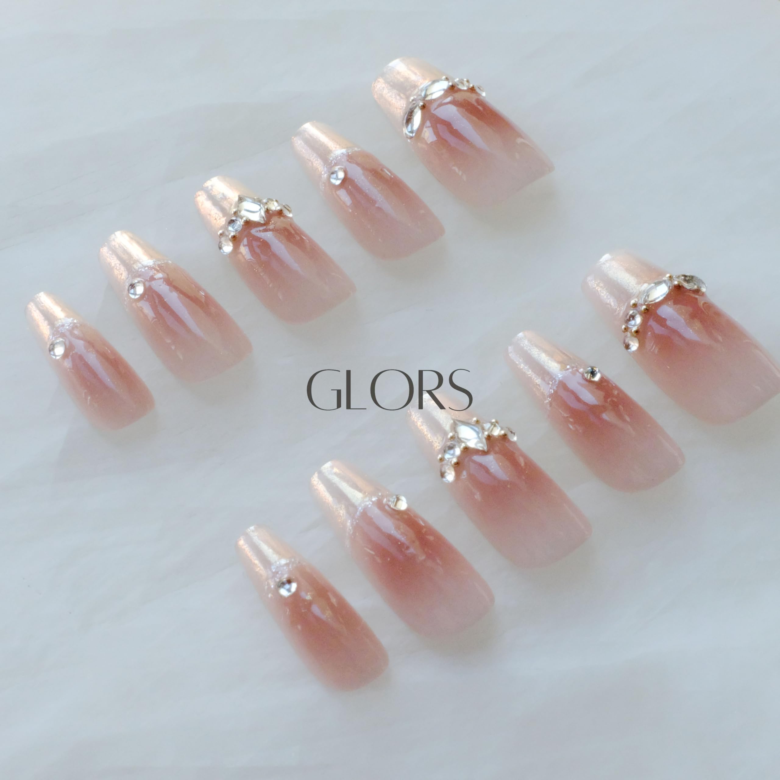 GLORS Long Ballerina Press-On Nails Pink French with Rhinestones | Coffin Shape