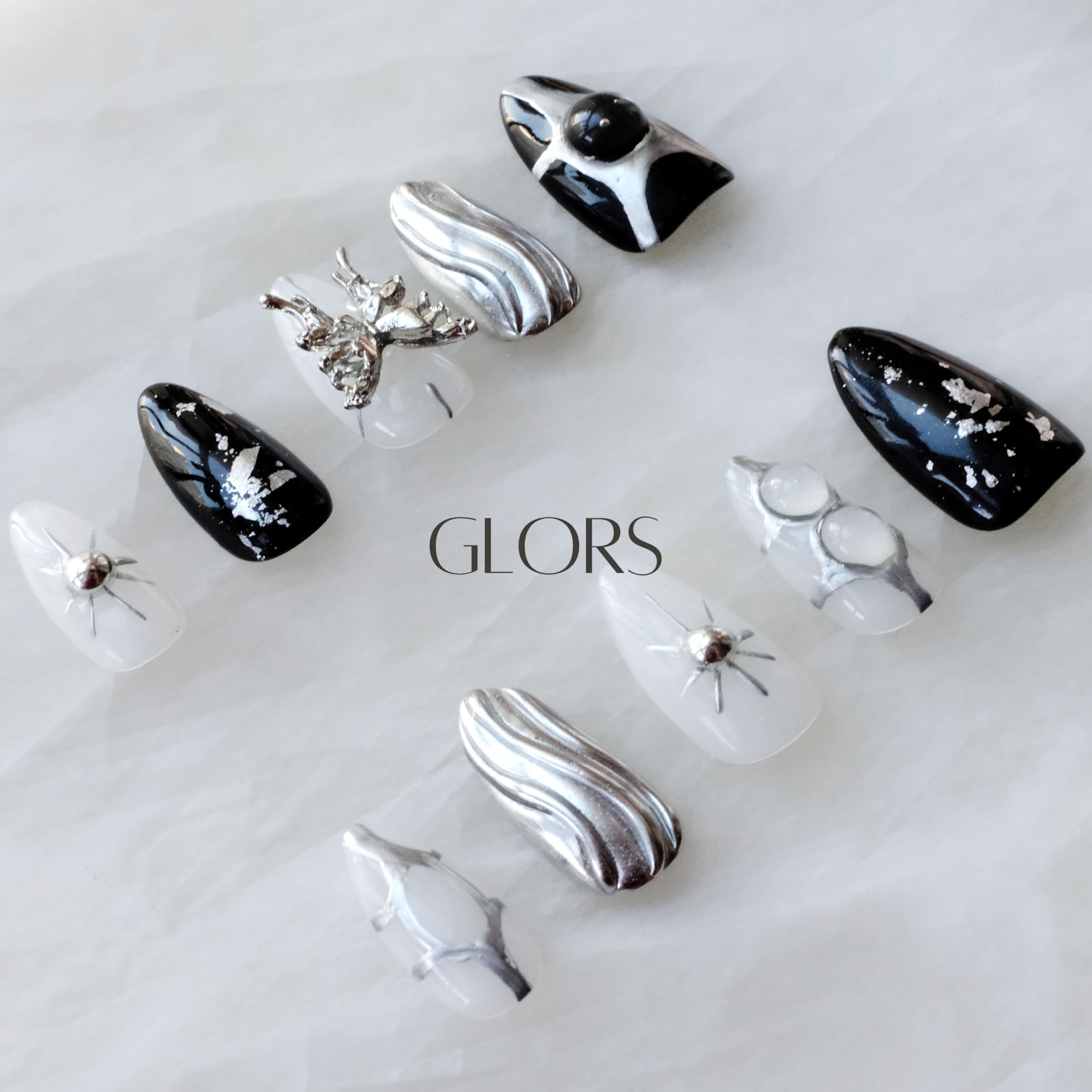 GLORS Gothic Long Almond Press-On Nails – Black & Silver with Butterfly Accent