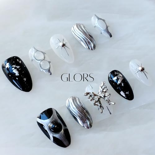 GLORS Gothic Long Almond Press-On Nails – Black & Silver with Butterfly Accent