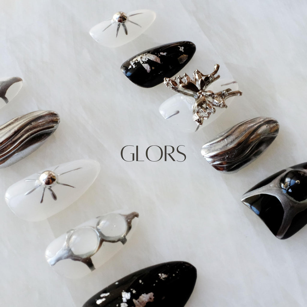 GLORS Gothic Long Almond Press-On Nails – Black & Silver with Butterfly Accent