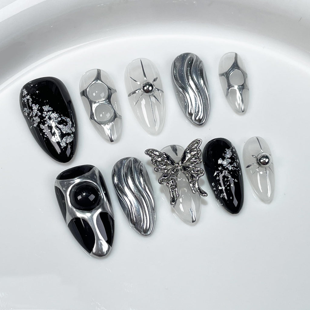 GLORS Gothic Long Almond Press-On Nails – Black & Silver with Butterfly Accent (10 Pieces)
