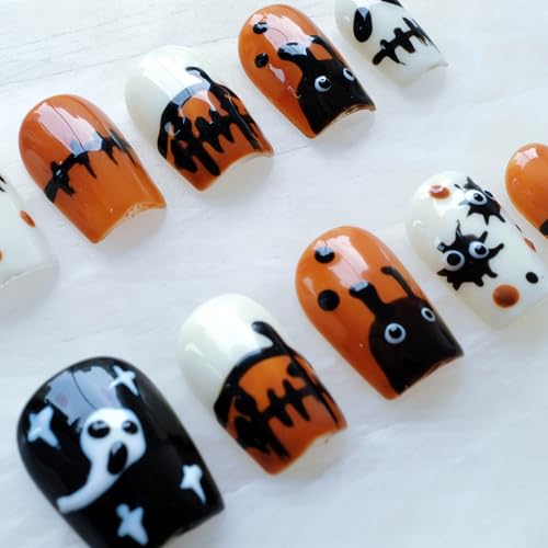 GLORS Halloween Press On Nails – 10-Piece Short Square Set in Orange & Black