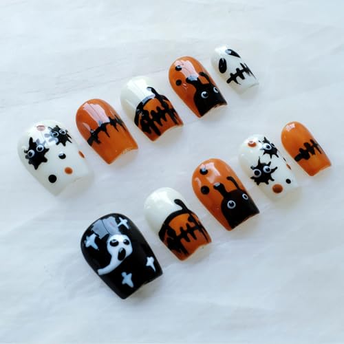 GLORS Halloween Press On Nails – 10-Piece Short Square Set in Orange & Black