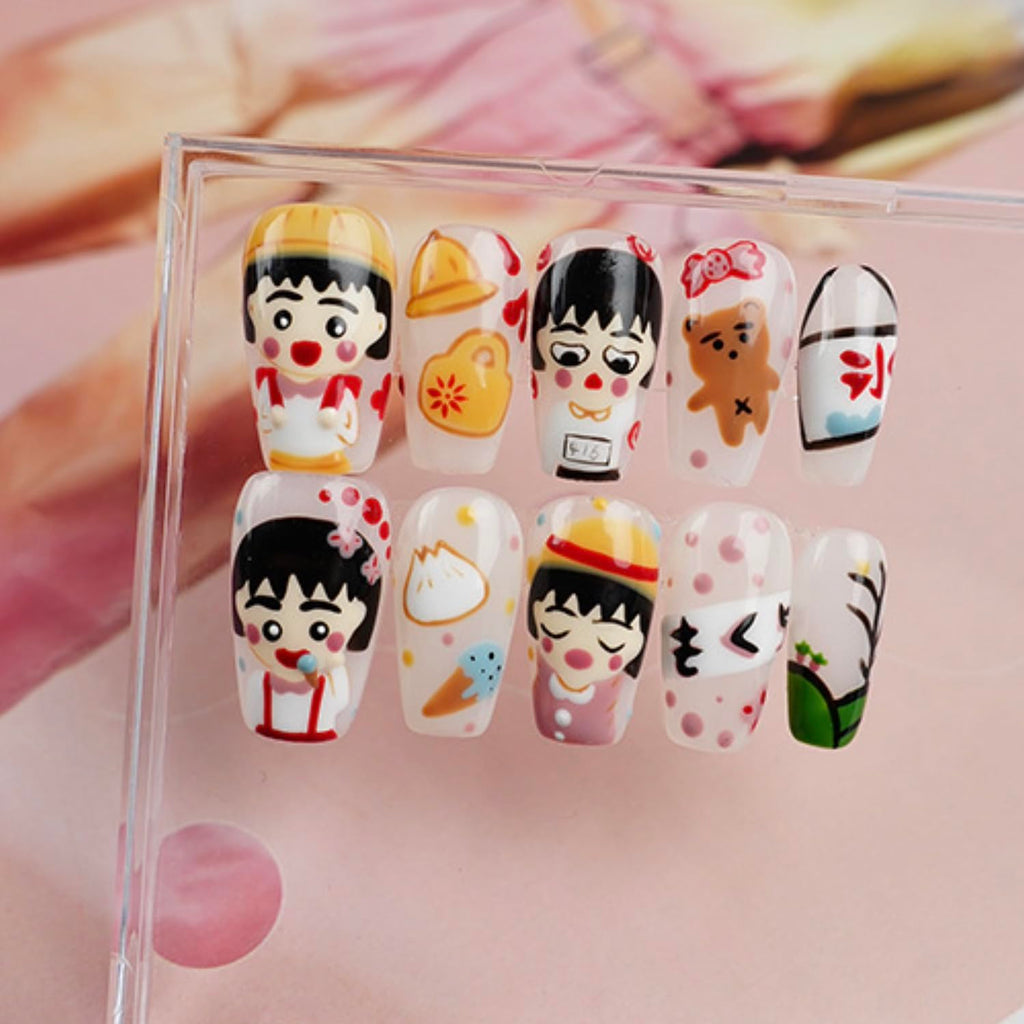 [GLORS] Hand-Painted Cute Cartoon Girl Nail Art Tips (XS) | Easy Application & Durable Design
