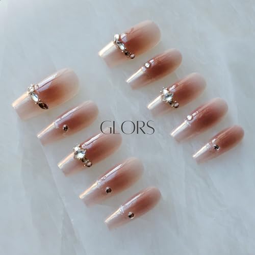 GLORS Long Ballerina Press-On Nails – Pink French Rhinestones, Coffin Shape (10 Pieces, Large)