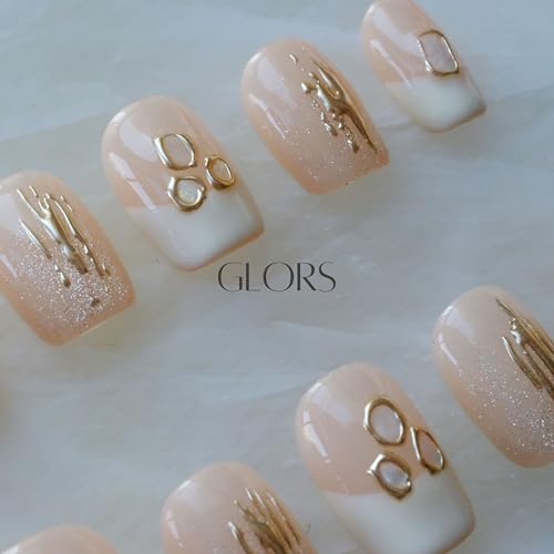 [GLORS] Purely Handmade Press On Nails | Mica Love Shell Piece Nail Art | Short Square, Salon Quality 10-Piece Set (Large, SS)
