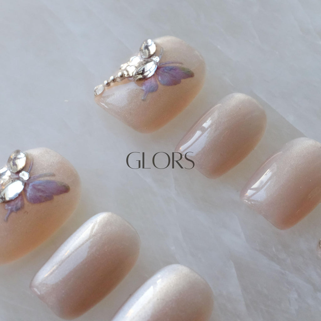 GLORS Purely Handmade Short Press On Nails – Butterfly Cat-Eye Art, 10pcs