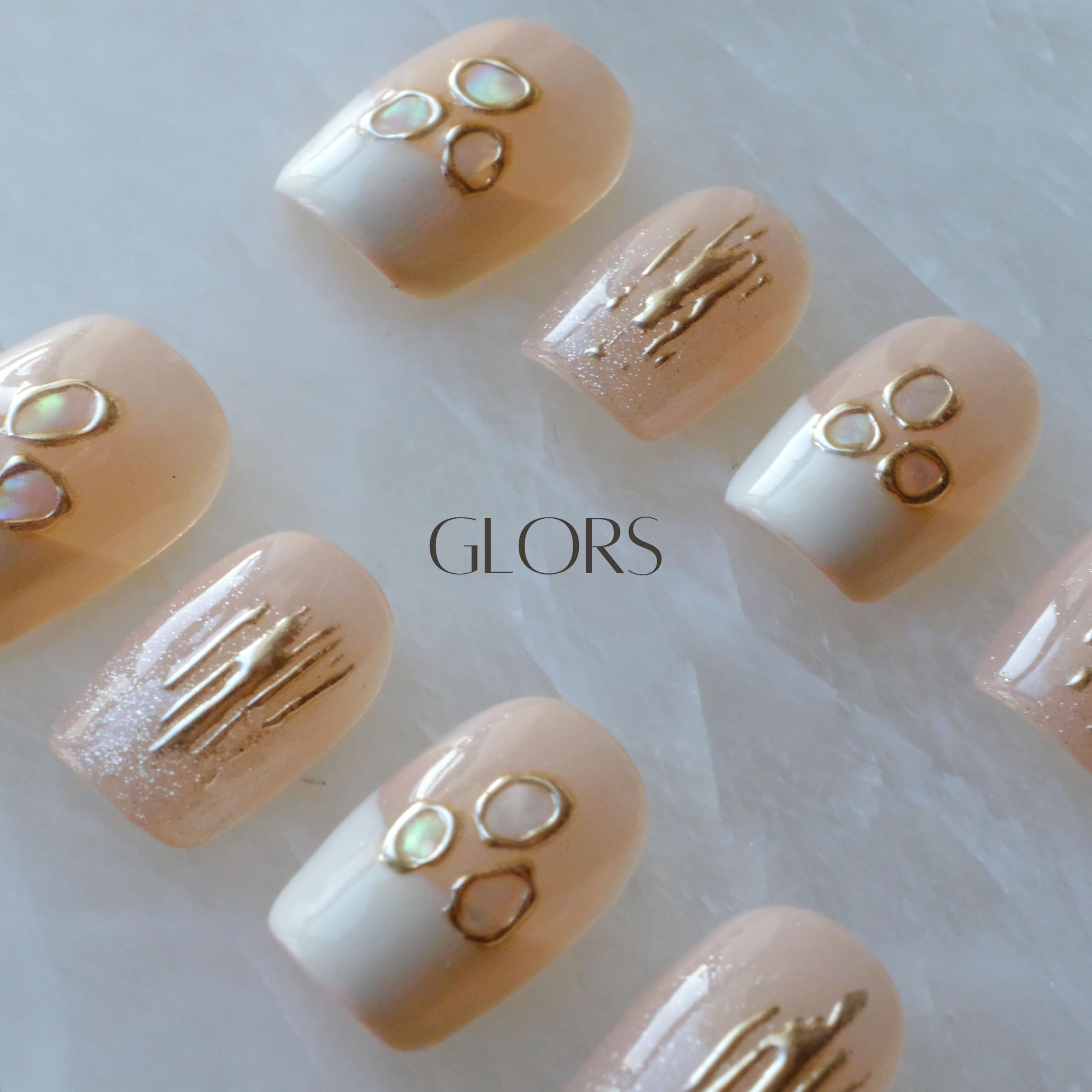 [GLORS] Purely Handmade Press On Nails | Mica Love Shell Piece Nail Art | Short Square, Salon Quality 10-Piece Set (Large, SS)