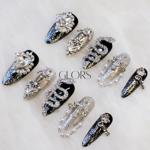 GLORS Luxury Long Almond Press-On Nails – Black & Silver Glitter with 3D Rhinestones (10 Pieces, Medium, LS)