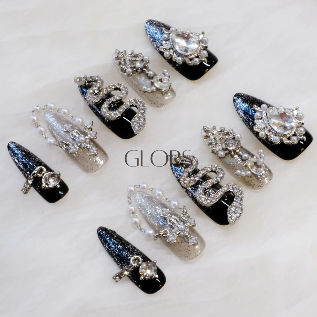 GLORS Luxury Long Almond Press-On Nails – Black & Silver Glitter with 3D Rhinestones (10 Pieces, Medium, LS)