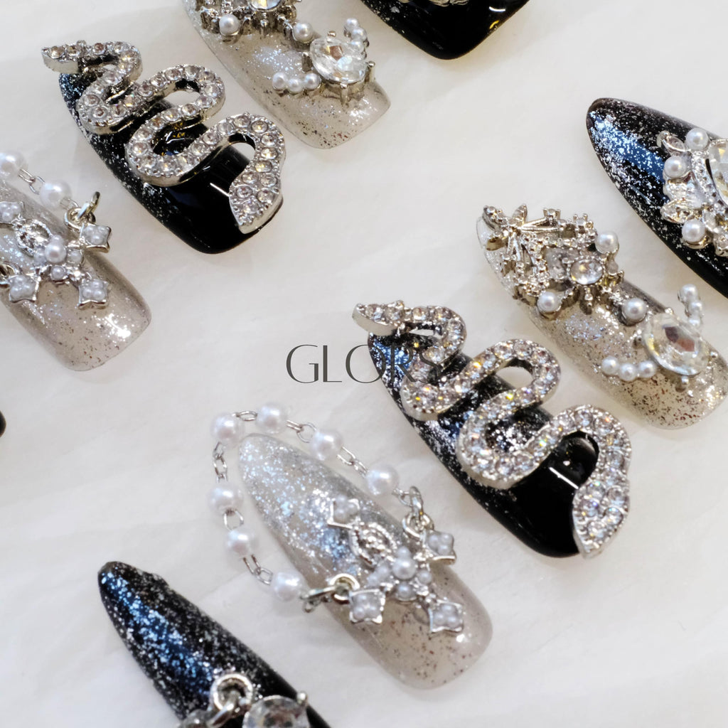 GLORS Luxury Long Almond Press-On Nails – Black & Silver Glitter with 3D Rhinestones (10 Pieces, Medium, LS)