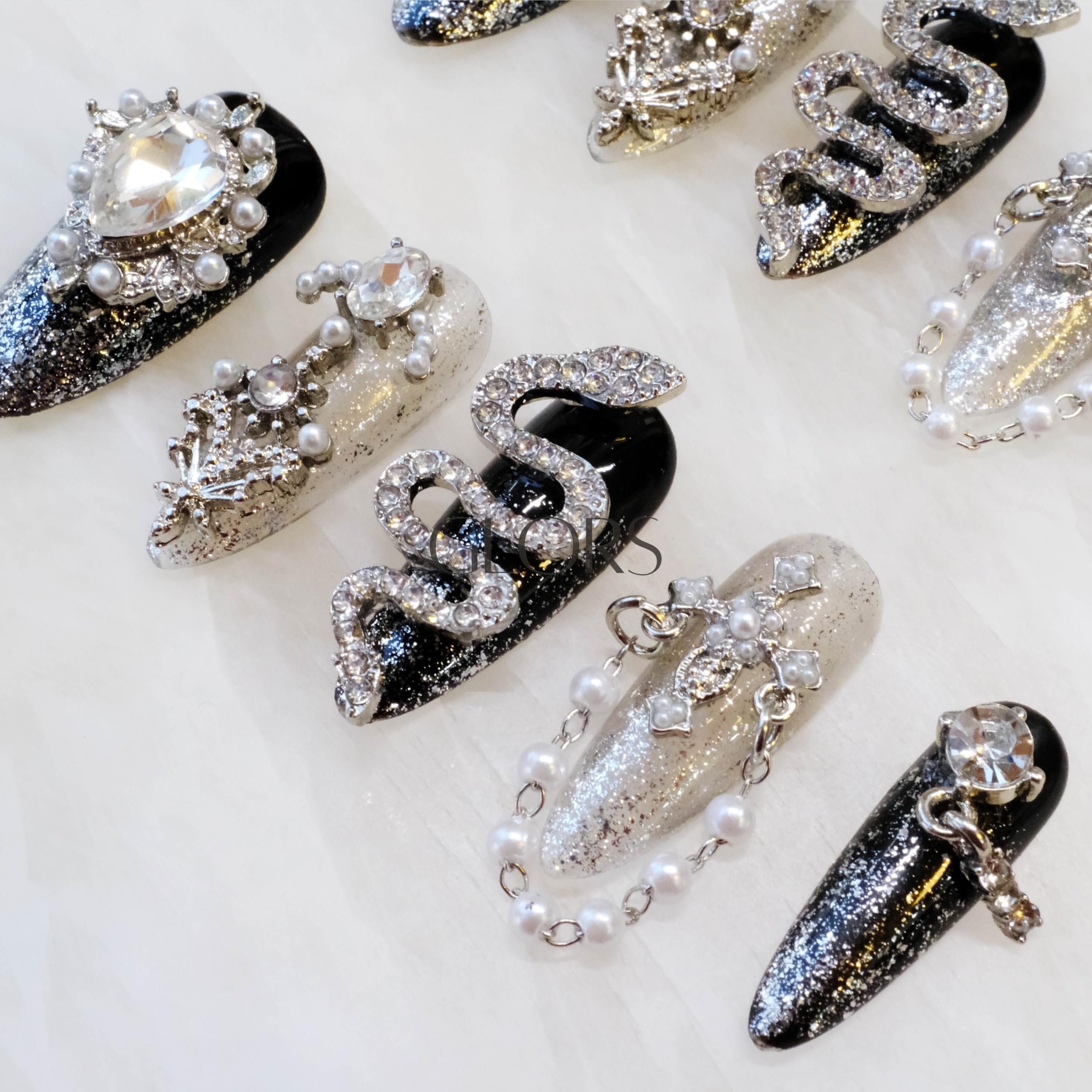 GLORS Luxury Long Almond Press-On Nails – Black & Silver Glitter with 3D Rhinestones (10 Pieces, Medium, LS)