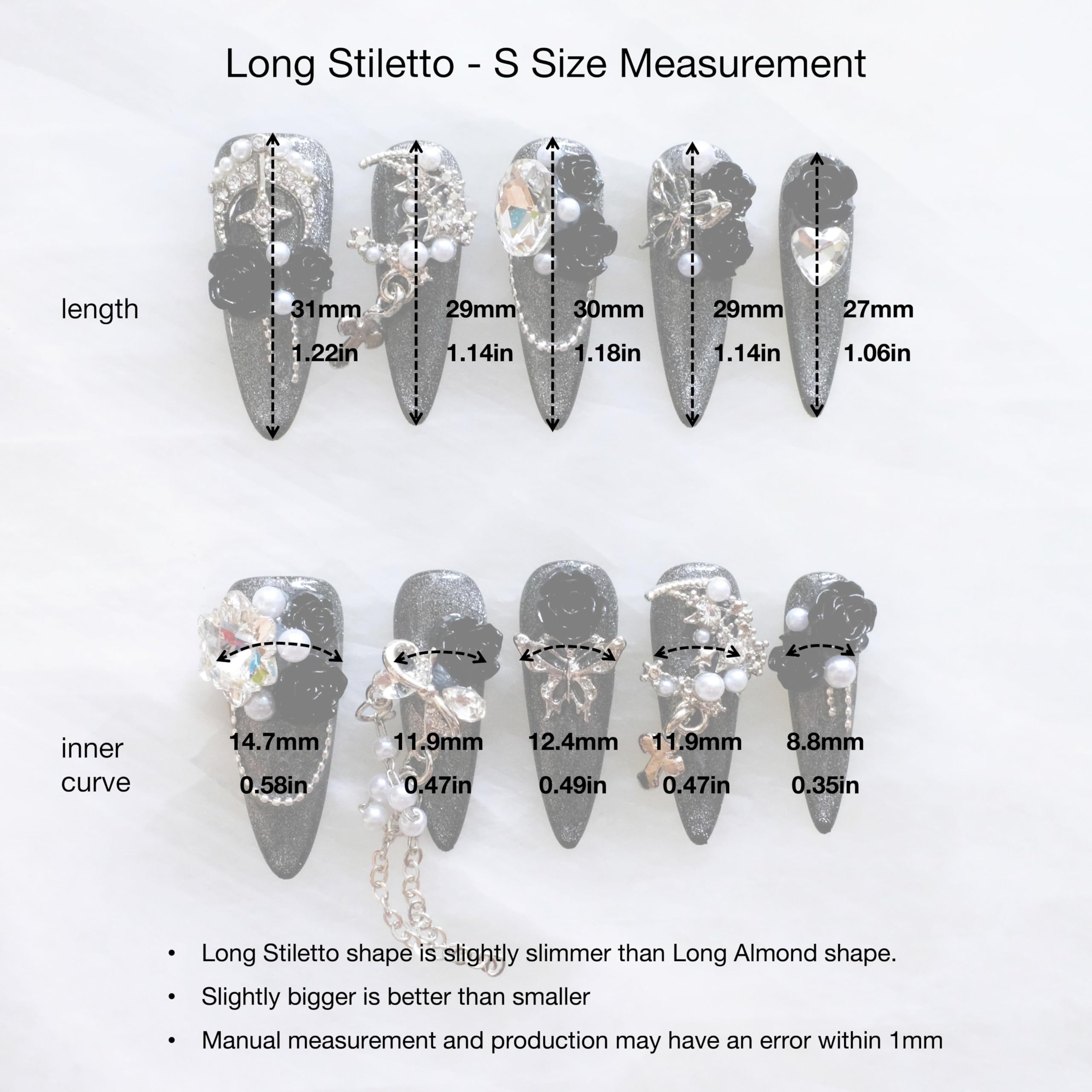 GLORS Luxury Long Stiletto Press-On Nails – 3D Black Roses, Silver Glitter, Pearls & Rhinestones (10-Piece Set, Small LS)