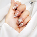 GLORS Medium Ballerina Press-On Nails – Nude Pink with Rose Gold Foil & Pearl Accents (10 pc, XS–MB)