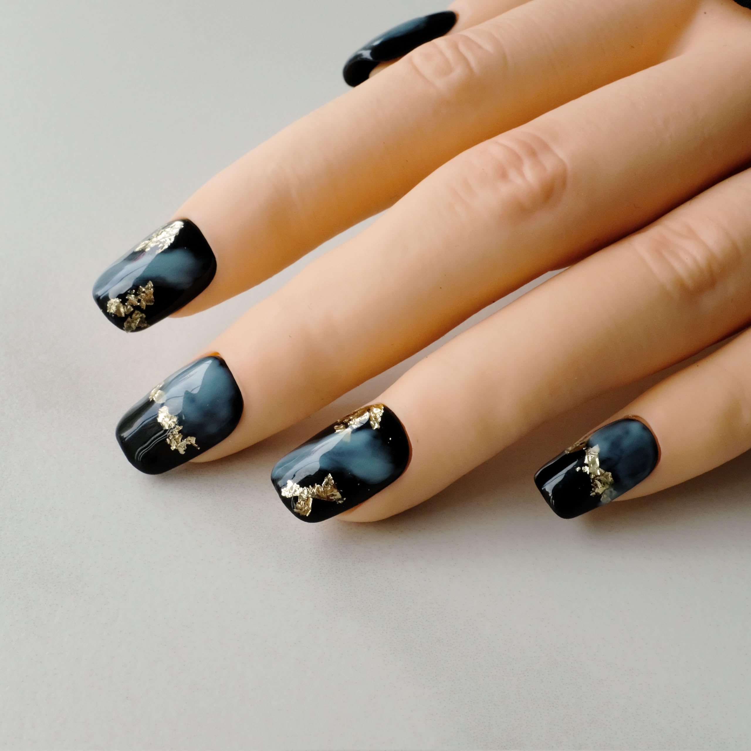 GLORS Short Square Press-On Nails – Black & Blue Marble with Gold Glitter, 10 Pieces (XS-SS)
