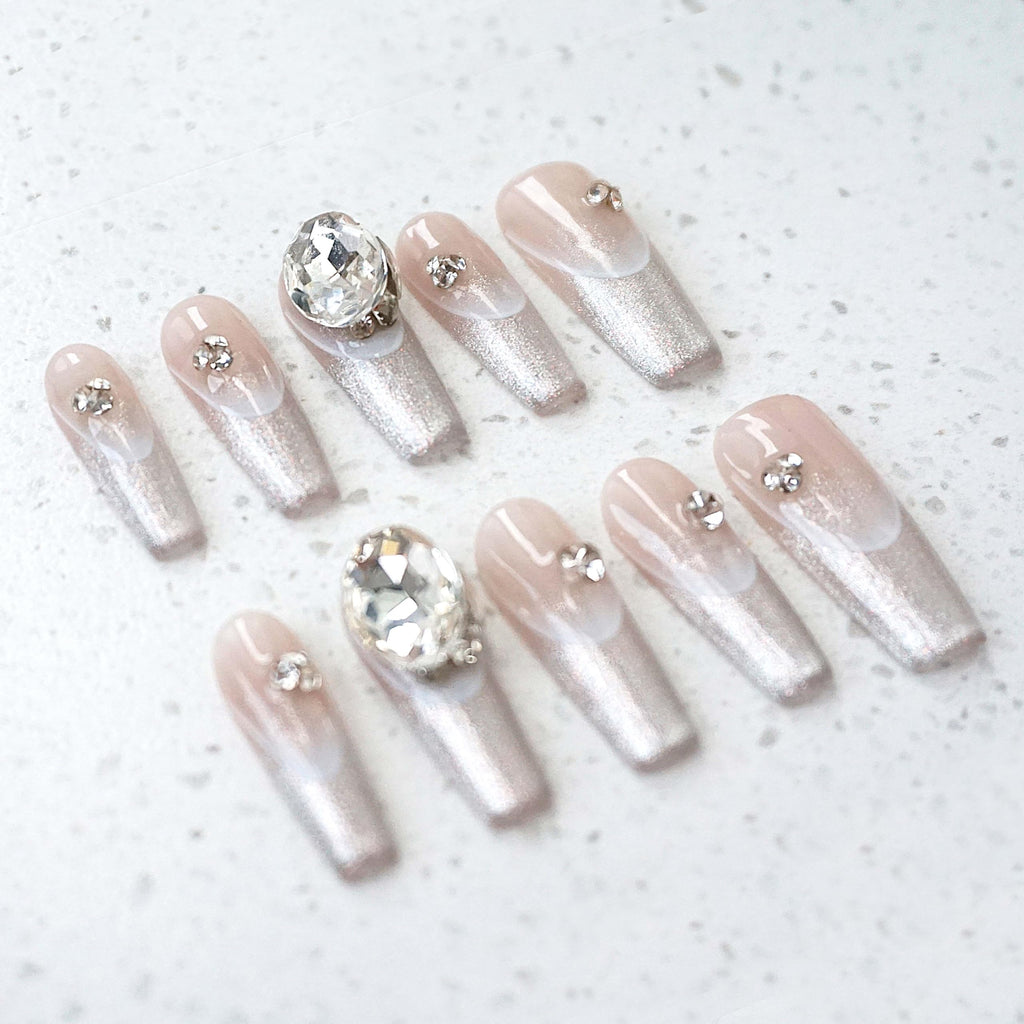 GLORS Press On Nails — Long Ballerina Coffin with Silver Glitter French Tips & 3D Rhinestones (10-Piece, Large LB)