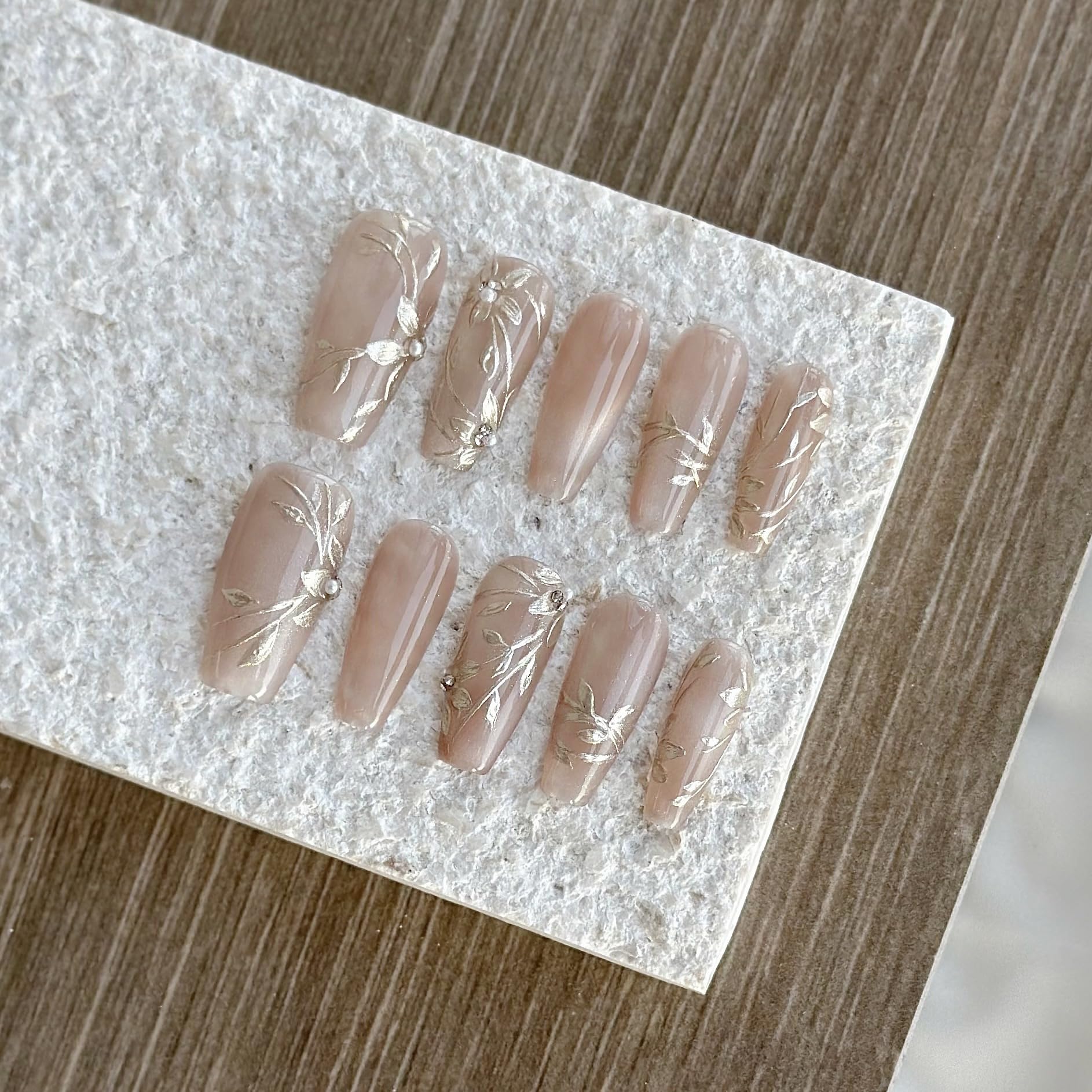 GLORS Nude Press-on Nails – Long Ballerina with Gold Floral & Pearl Accents, 10 Pcs (Small)