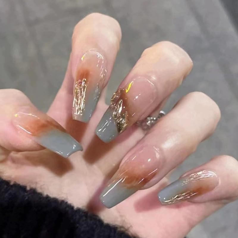 GLORS Ombre Press On Nails – Long Ballerina Nude to Gray with Gold Accents (10-Piece, Large LB)