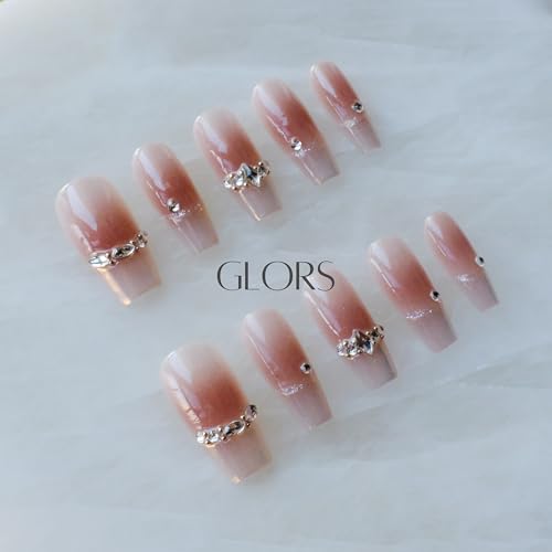 GLORS Long Ballerina Press-On Nails – Pink French with Rhinestones (Small LB)
