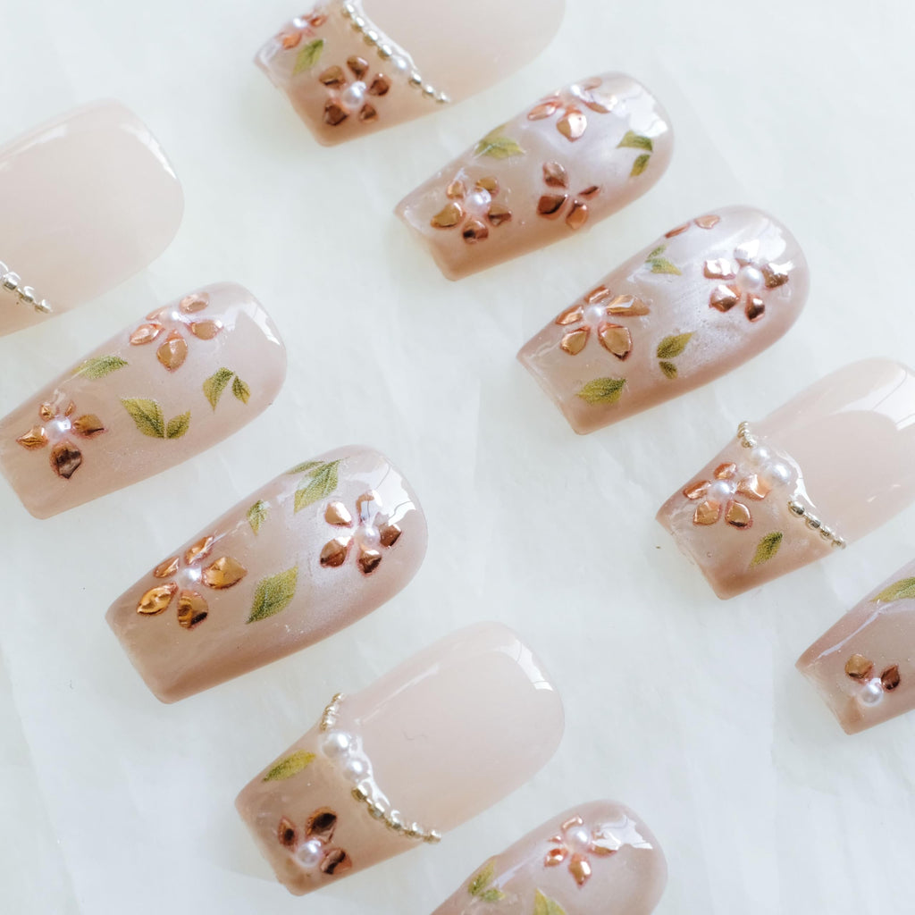 GLORS Medium Ballerina Press-On Nails – Nude Pink with Rose Gold Foil & Pearl Accents (10 pc, XS–MB)
