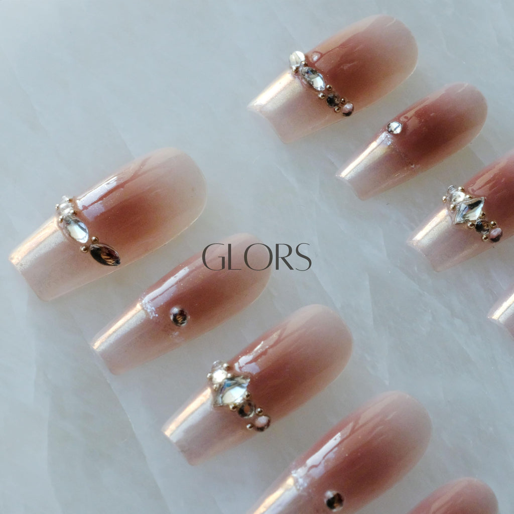 GLORS Long Ballerina Press-On Nails – Pink French with Rhinestones (Small LB)
