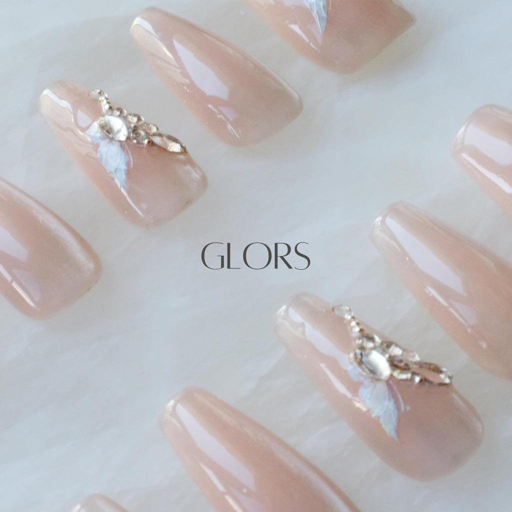 GLORS Press On Nails - Long Ballerina Coffin Nude Pink with Butterfly Rhinestones (10pc)