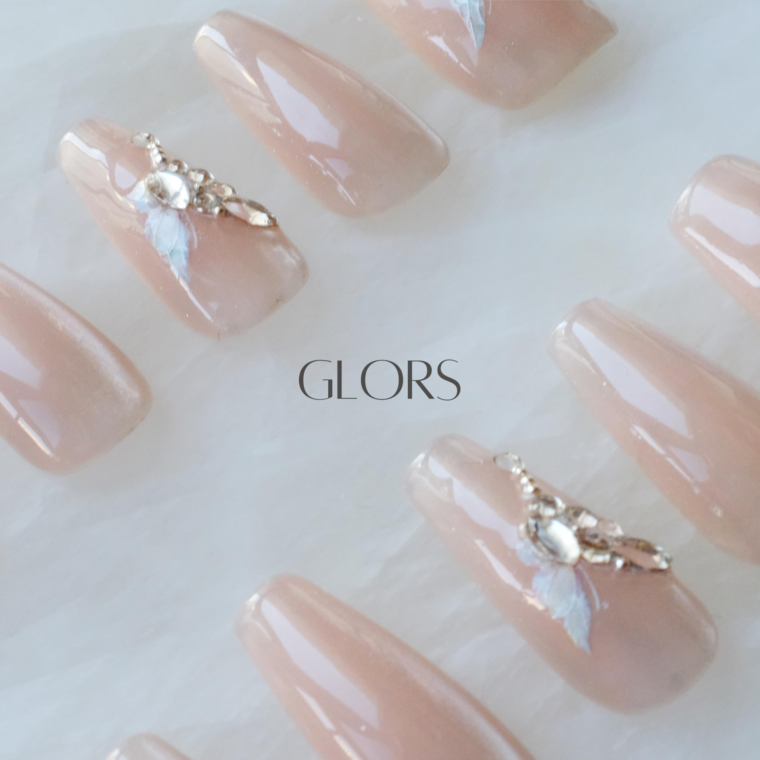 GLORS Press On Nails - Long Ballerina Coffin Nude Pink with Butterfly Rhinestones (10pc)
