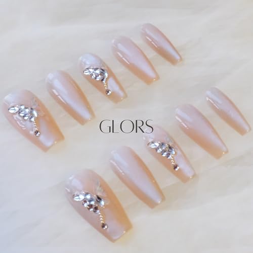 GLORS Press On Nails - Long Ballerina Coffin Nude Pink with Butterfly Rhinestones (10pc)