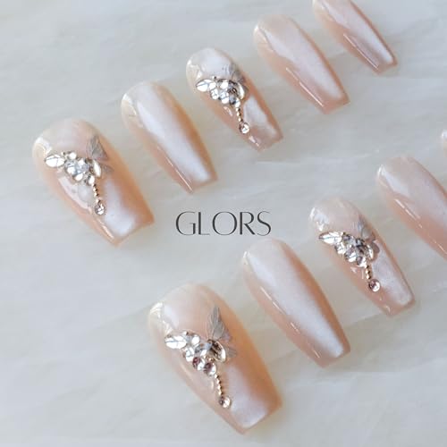 GLORS Press On Nails - Long Ballerina Coffin Nude Pink with Butterfly Rhinestones (10pc)