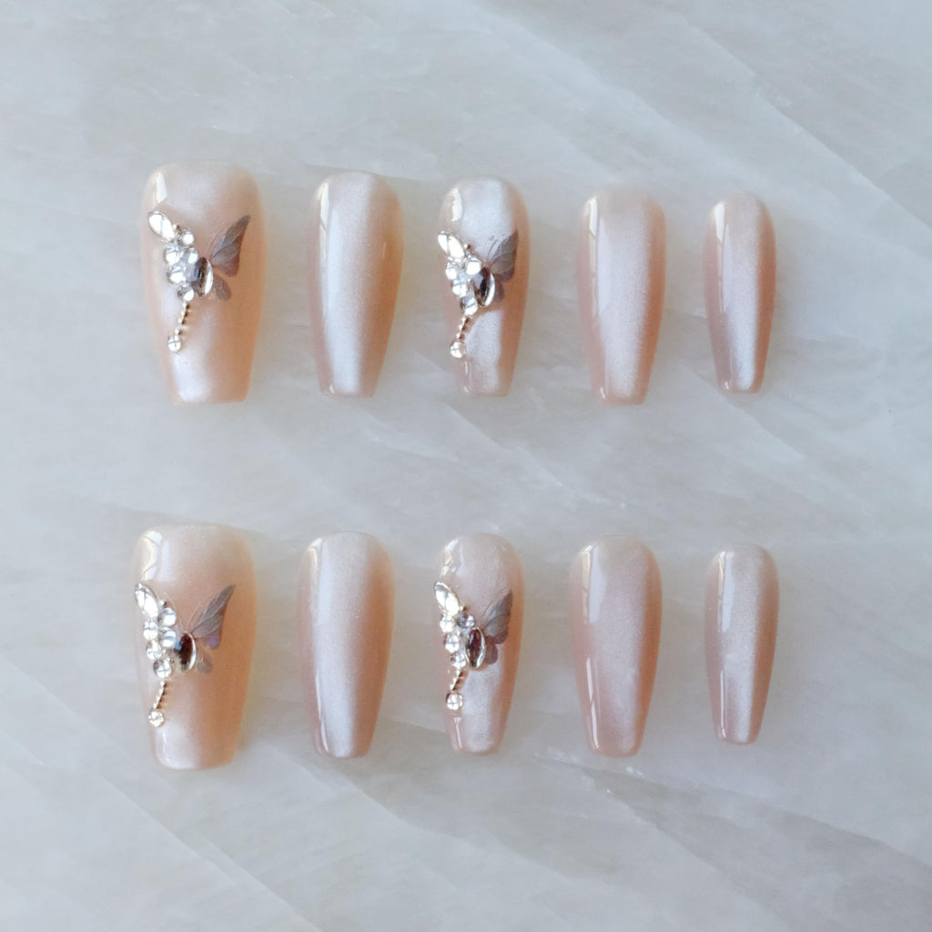 GLORS Press On Nails - Long Ballerina Coffin Nude Pink with Butterfly Rhinestones (10pc)
