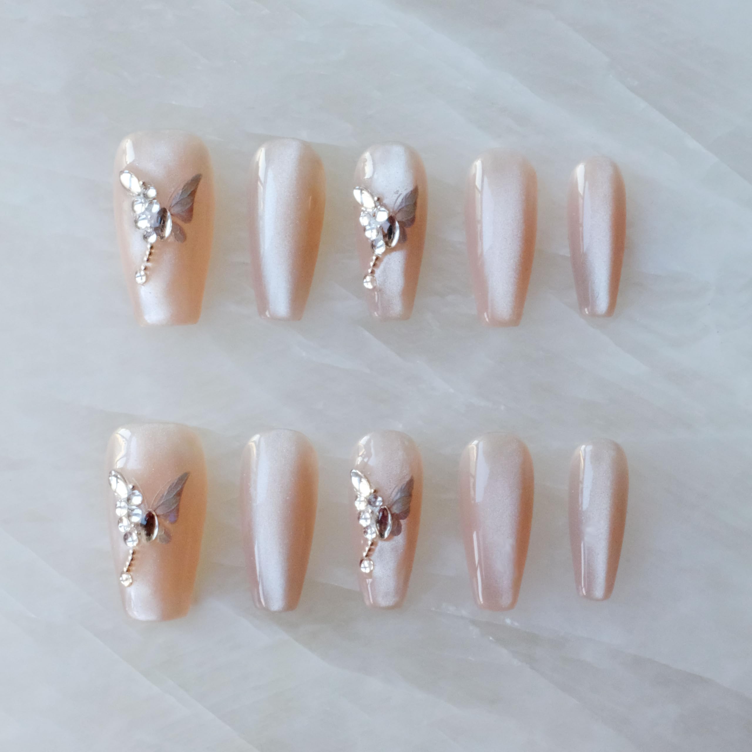 GLORS Press On Nails - Long Ballerina Coffin Nude Pink with Butterfly Rhinestones (10pc)