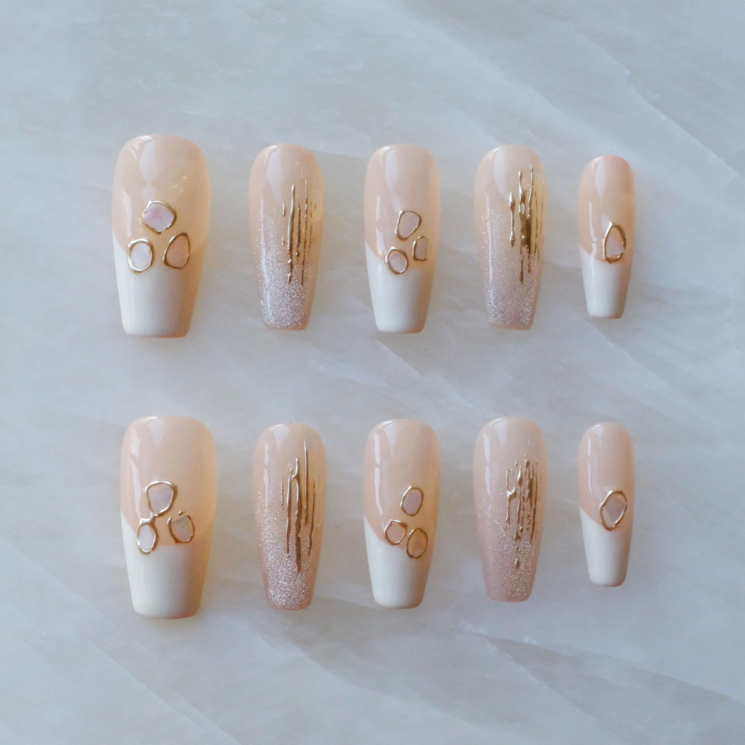 GLORS Handmade Press On Nails - Long Ballerina, Pink & White Shell Design | 10 Pieces (Small, LB)