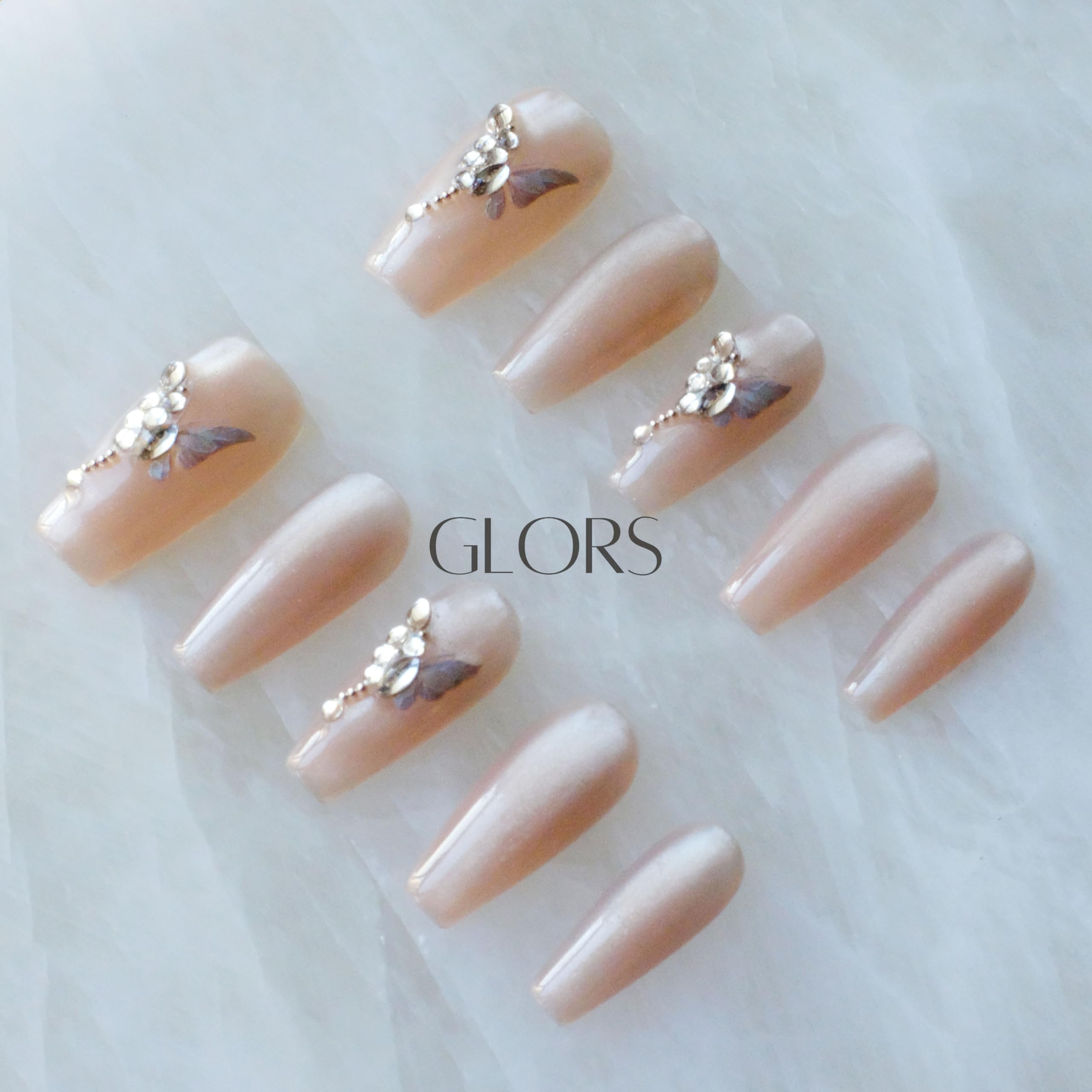 GLORS Press On Nails - Long Ballerina Coffin Nude Pink with Butterfly Rhinestones (10pc)