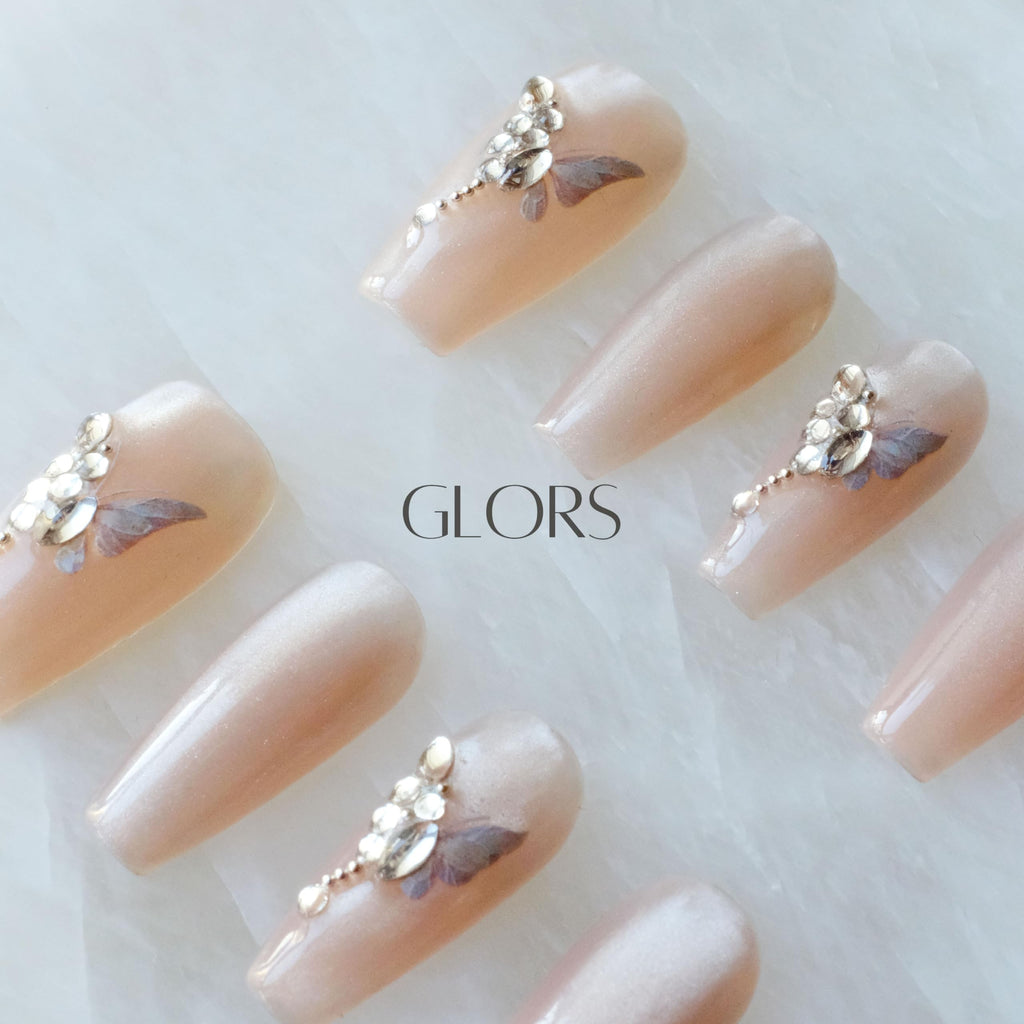 GLORS Press On Nails - Long Ballerina Coffin Nude Pink with Butterfly Rhinestones (10pc)