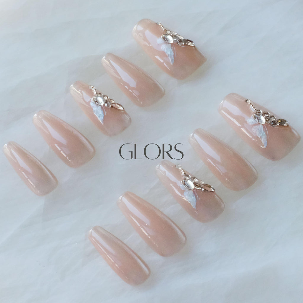 GLORS Press On Nails - Long Ballerina Coffin Nude Pink with Butterfly Rhinestones (10pc)
