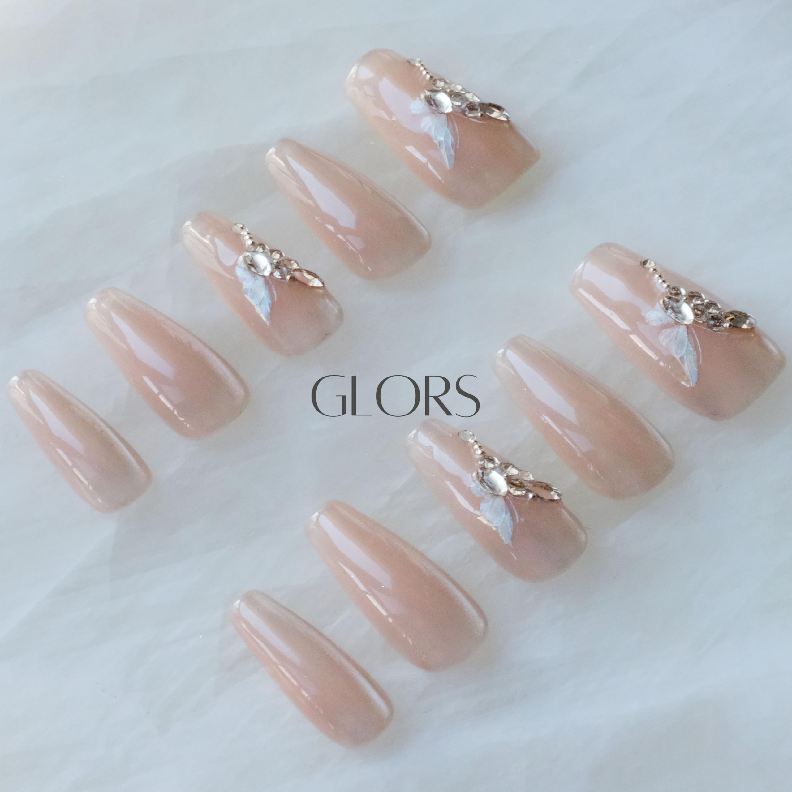 GLORS Press On Nails - Long Ballerina Coffin Nude Pink with Butterfly Rhinestones (10pc)