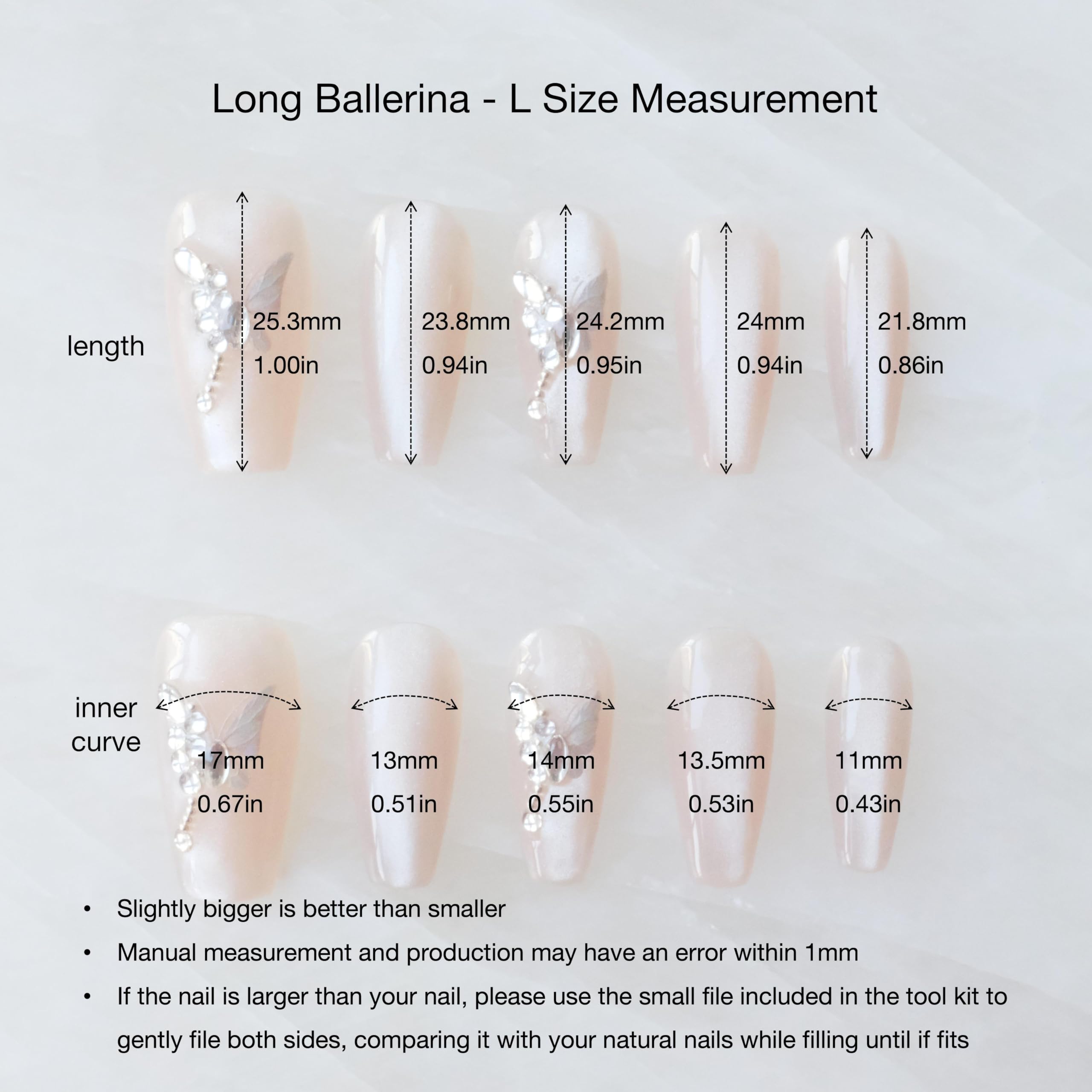 GLORS Press On Nails - Long Ballerina Coffin Nude Pink with Butterfly Rhinestones (10pc)
