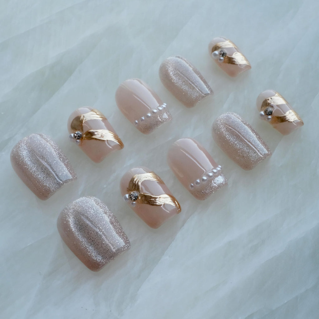 [GLORS] Purely Handmade Press On Nails | Elegant French Pink Pearl Gold | Short Square, 10 pcs (XS, SS)