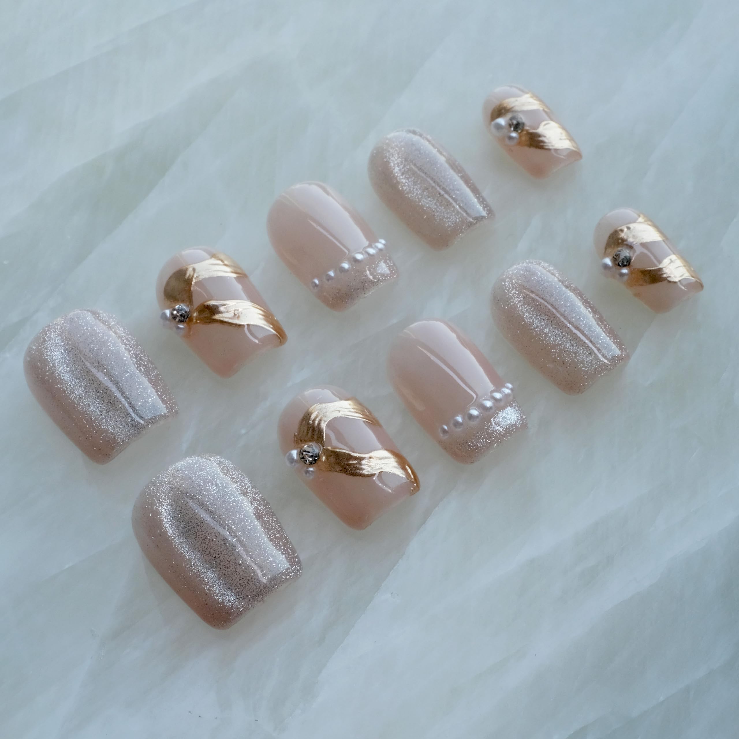 [GLORS] Purely Handmade Press On Nails | Elegant French Pink Pearl Gold | Short Square, 10 pcs (XS, SS)