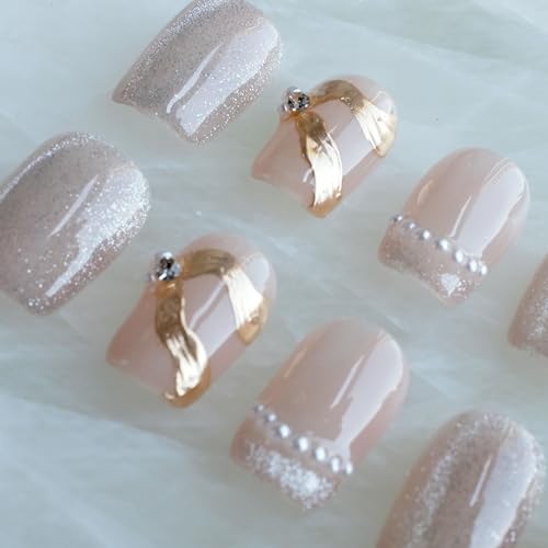 [GLORS] Purely Handmade Press On Nails | Elegant French Pink Pearl Gold | Short Square, 10 pcs (XS, SS)