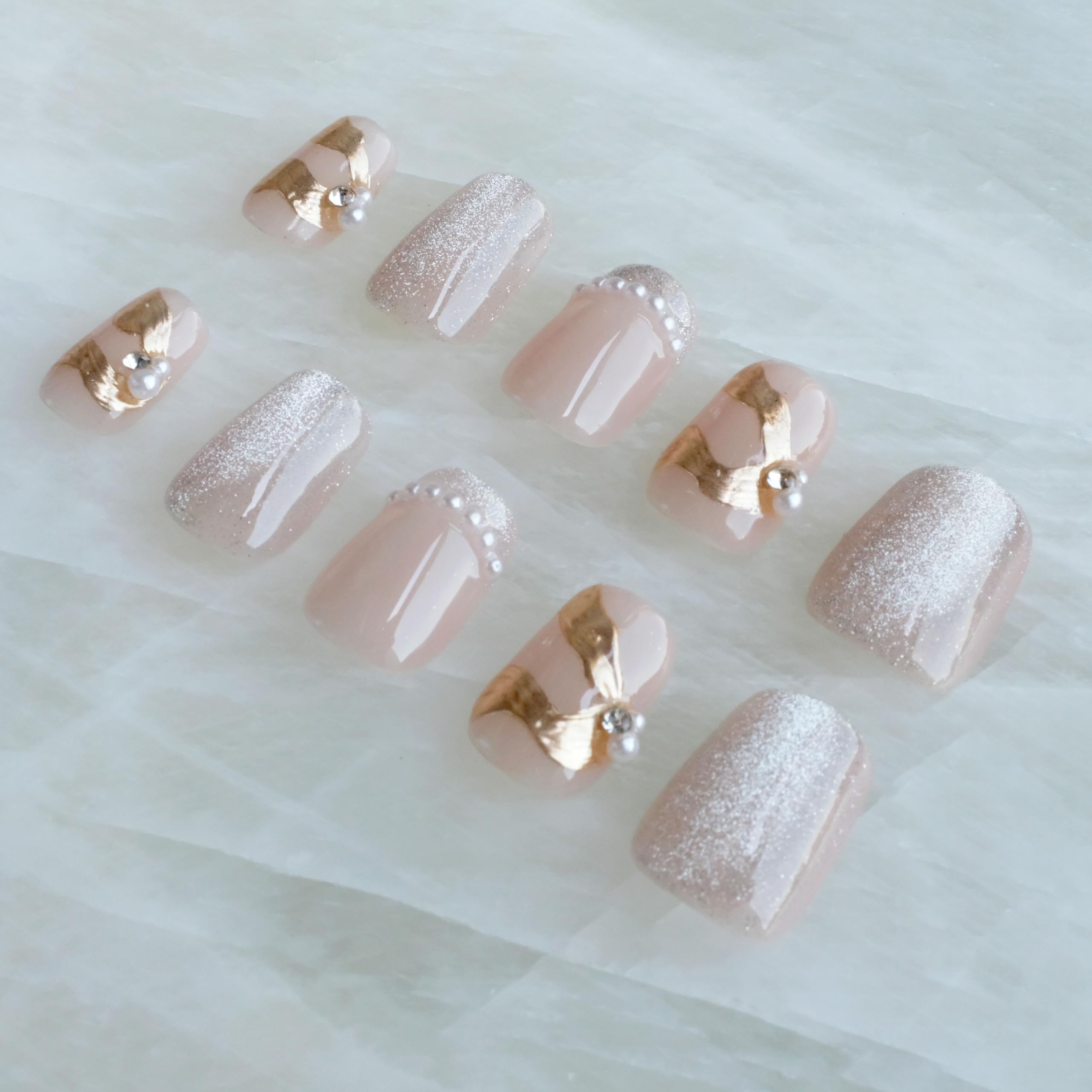 [GLORS] Purely Handmade Press On Nails | Elegant French Pink Pearl Gold | Short Square, 10 pcs (XS, SS)