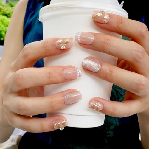 [GLORS] Purely Handmade Press On Nails | Elegant French Pink Pearl Gold | Short Square, 10 pcs (XS, SS)