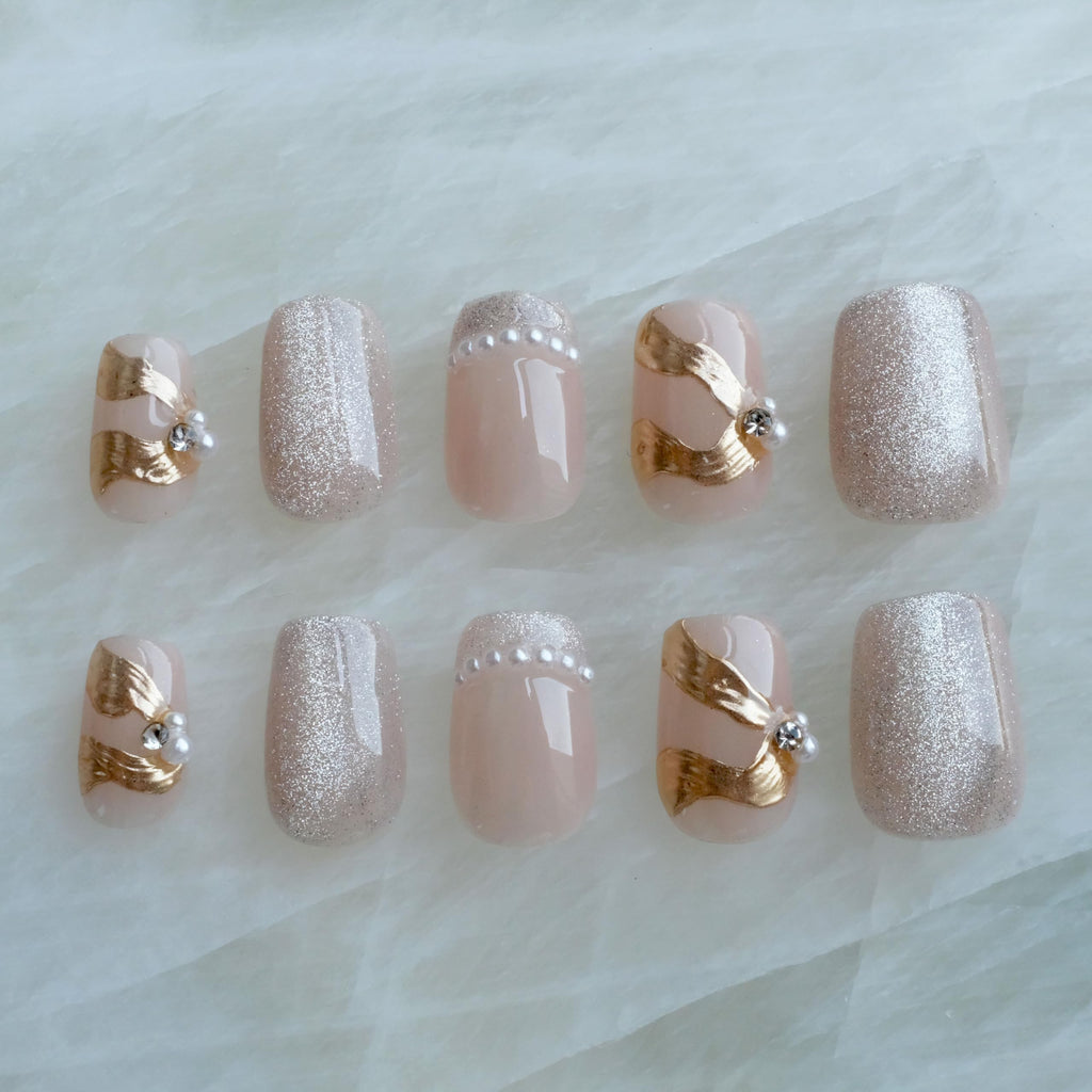 [GLORS] Purely Handmade Press On Nails | Elegant French Pink Pearl Gold | Short Square, 10 pcs (XS, SS)