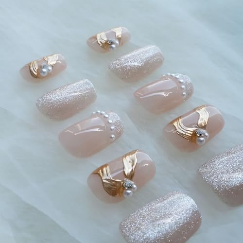 [GLORS] Purely Handmade Press On Nails | Elegant French Pink Pearl Gold | Short Square, 10 pcs (XS, SS)