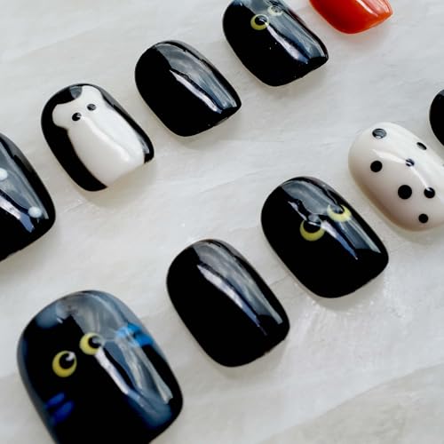 [GLORS] Purely Handmade Press On Nails | Kawaii Black Short Square, 10 pcs (SS) – Salon Quality