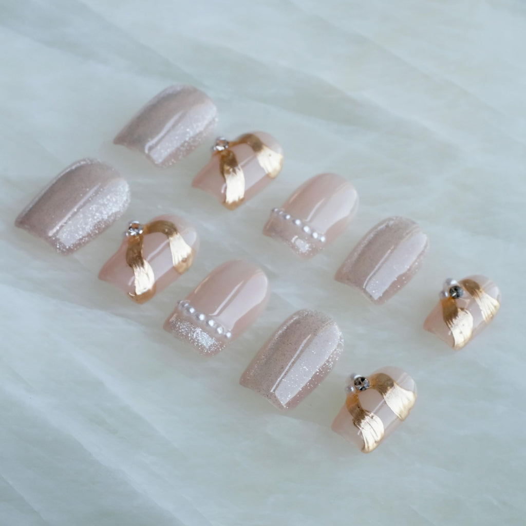 [GLORS] Purely Handmade Press On Nails | Elegant French Pink Pearl Gold | Short Square, 10 pcs (XS, SS)