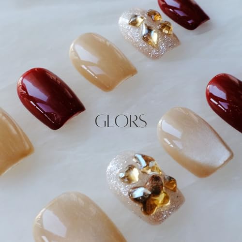 GLORS Purely Handmade Press On Nails - Burgundy Moonlight Cat-Eye, Short Square, 10 pcs (SS)