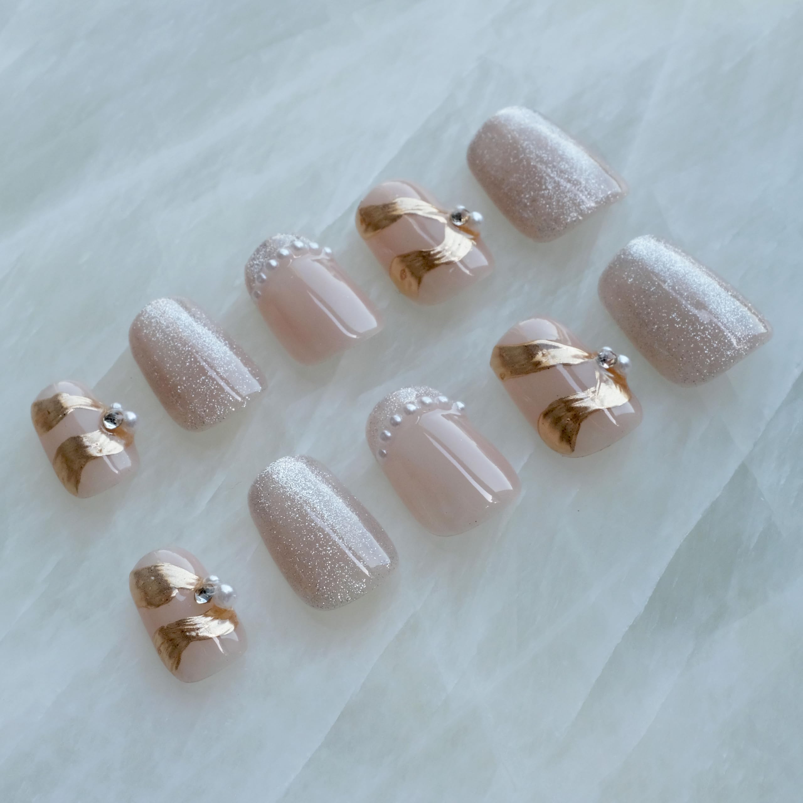 [GLORS] Purely Handmade Press On Nails | Elegant French Pink Pearl Gold | Short Square, 10 pcs (XS, SS)