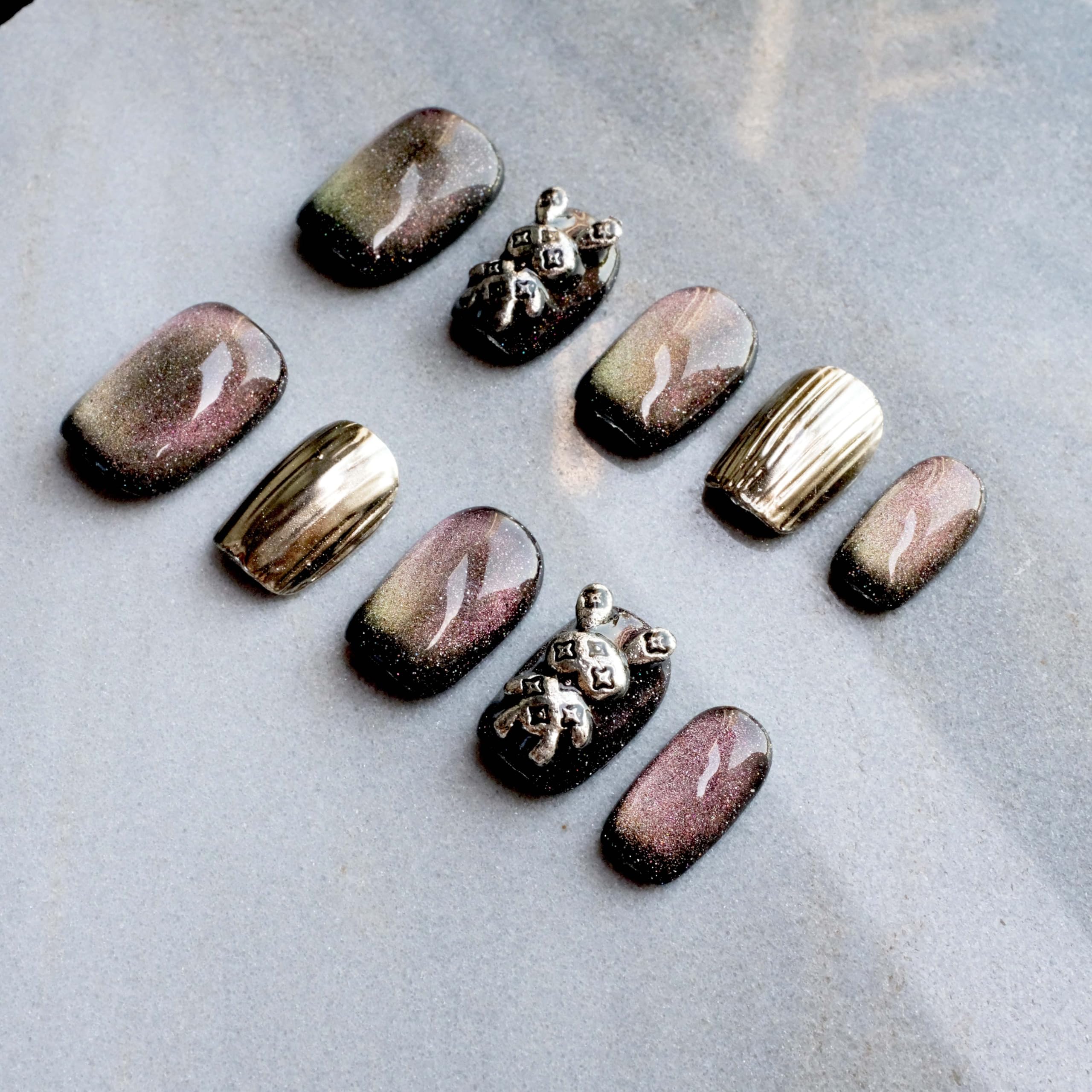 GLORS Purely Handmade Press On Nails - Purple Gold Bunny Cat-Eye (10 pcs)